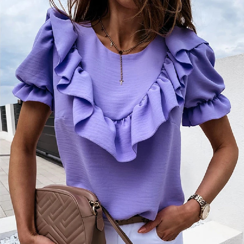 Рубашка с v-образным вырезом и коротким рукавом Элегантная блузка пышными