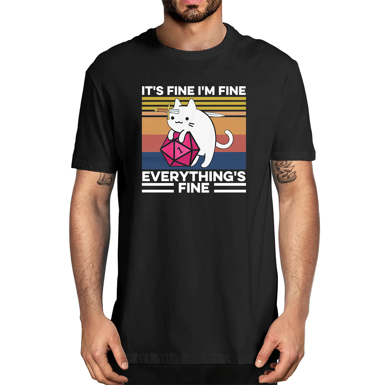 

Men's Unisex It's Fine I'm Fine Everything is Fine Cat with Knife Hug Dungeon T-Shirt