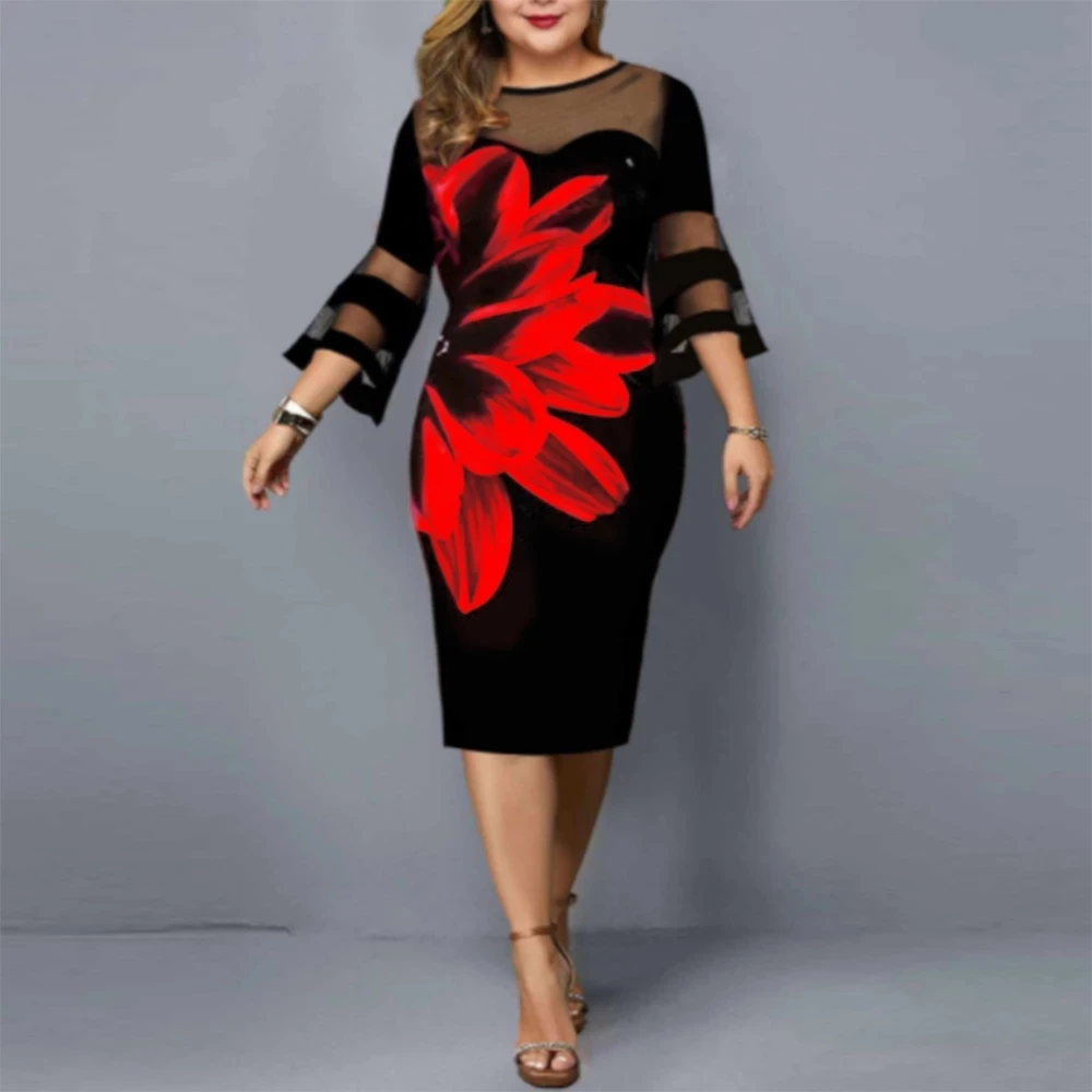 

5XL 6XL Plus Size Summer Dress 2021 Fashion Floral Print Mesh See Through Bodycon Sexy Party Dress Black Outfits Office Dresses