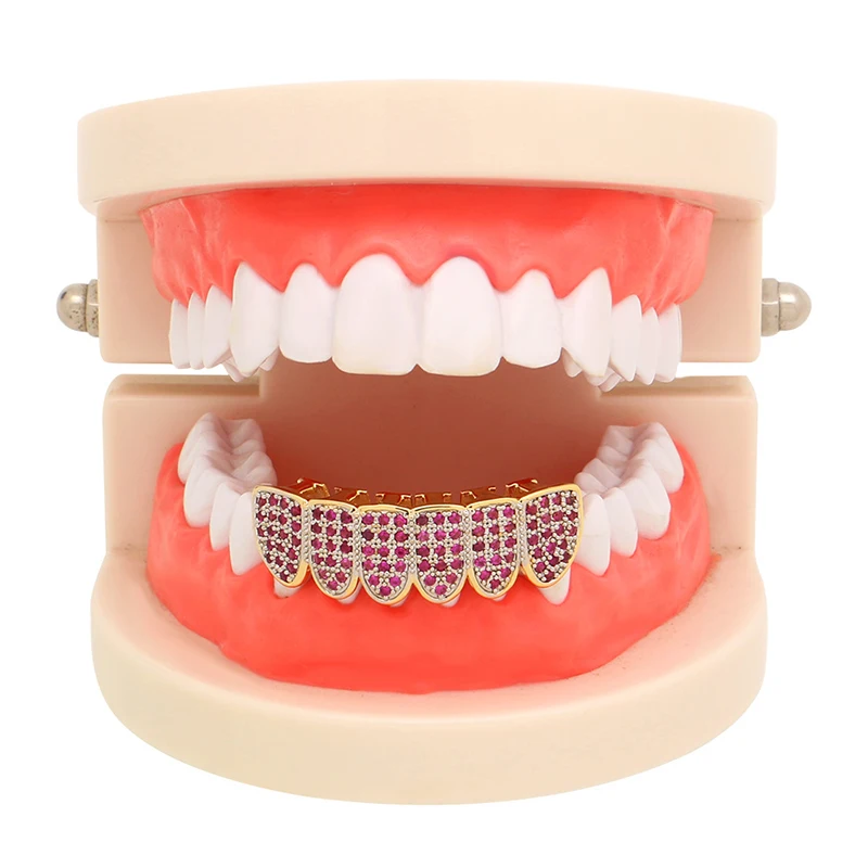 Полный льдом из кубического циркония декоративные Зубные коронки розовый цвет