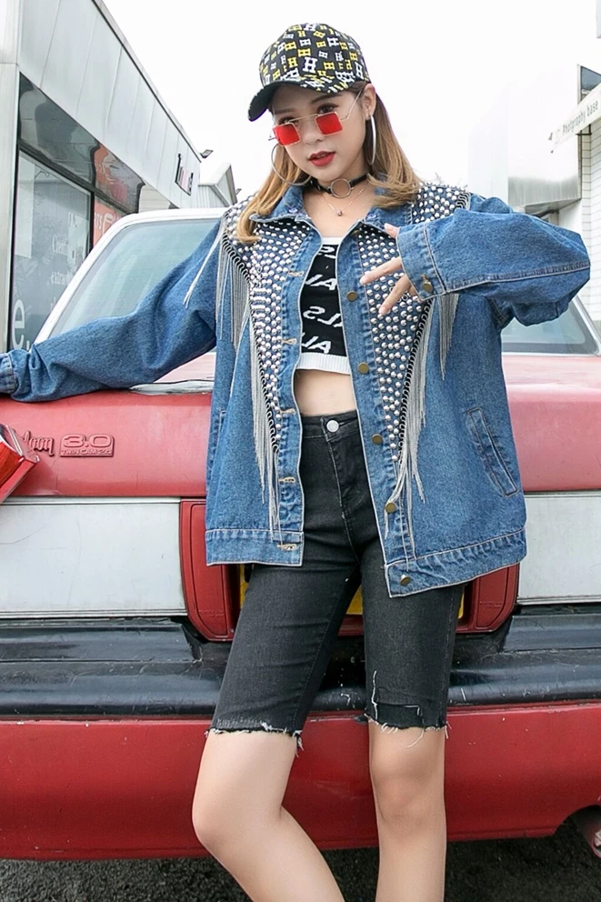 

2020 fall/winter new tassel inlaid diamond rivet long-sleeved trendy brand loose and thin fashion top denim jacket