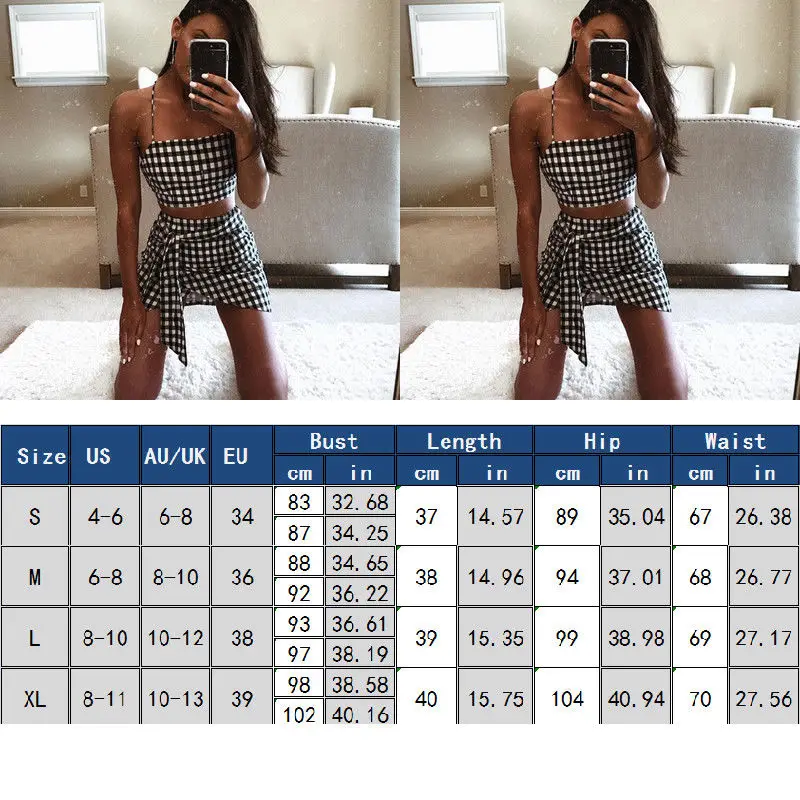 

Fashion Ladies Checkerboard 2 Piece Set Bodycon Skirt Crop Top off shoulder Tank Summer Women Set Bandge Gingham Mini Skirt