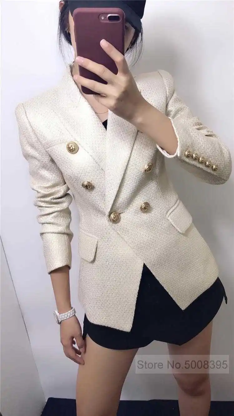 

METALLIC Double Breasted Blazer GOLD EMBOSSED BUTTONS For Woman Suit 2021