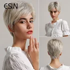 Esin, парик с короткими волосами, светло-седые волосы, парик с эффектом омбре, боковая челка, синтетический короткий прямой парик для женщин, термостойкий