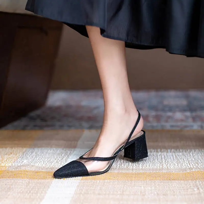 

Krazing pot breathable mesh pointed toe thick high heels bling shiny fashion maiden buckle straps sandals slingback shoes L09