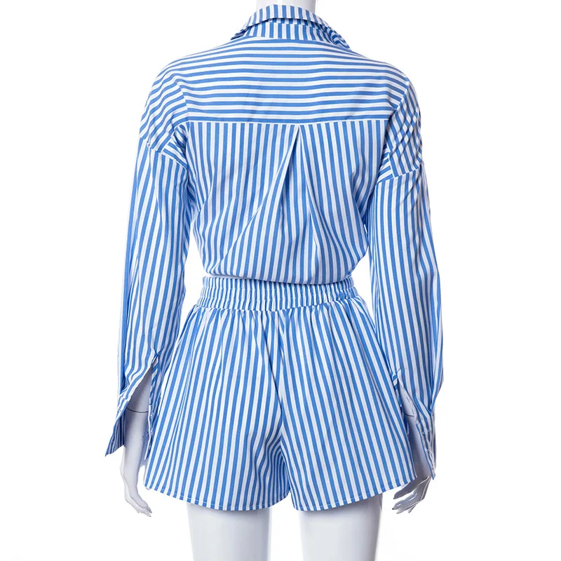 2021 Runway Fashion Blue Striped Shorts Sets Women Summer Outfits Casual Loose Long Sleeve Shirts And Short Pant Suit Female |