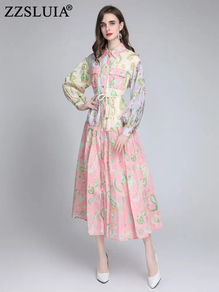 

ZZSLUIA Vintage Long Dresses For Women Printed Sashes Designer Loose Style Elegant Dress Fashion Long Sleeve One Piece Female
