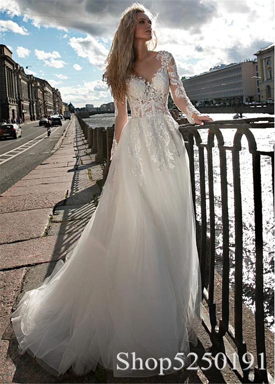 Custom Made White Tulle Wedding Gowns Decorated With Beading Applique Lace Dress Long Sleeve vestido de noiva Bride Dre | Свадьбы и