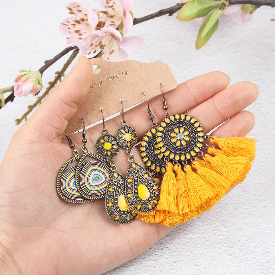 Vintage Boho Tassel Earrings Set For Women Brincos Big Round Dreamcatcher Flower Drop 2020 Charm Ethnic Jewelry | Украшения и
