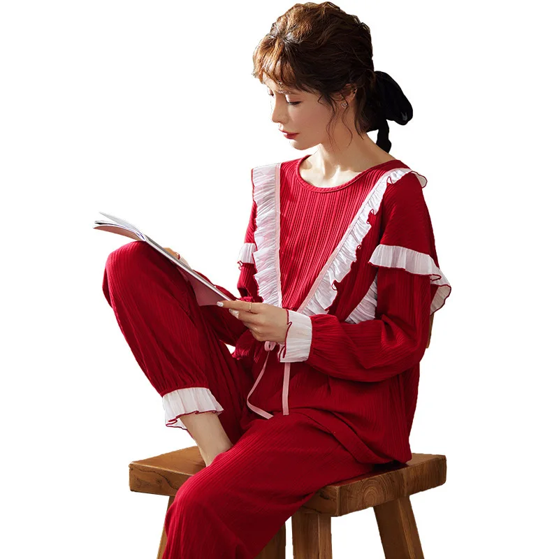 

2020 Autumn Long-sleeved Cotton Pajamas Women's Korean Palace Style Cute Youth Home Service Two-piece Suit Loungewear Women New