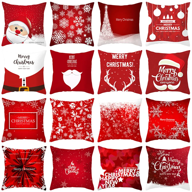 

New Red Christmas Pillows Case Snowflakes Trees Print Pillow Cushion Cases Christmas Decorative Sofa Couch Throw Pillows Case
