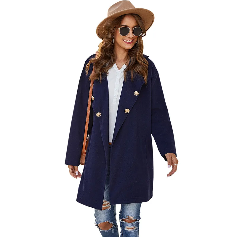 

Женская куртка, новинка 2021, однотонный двубортный костюм с воротником, элегантный темпераментный кардиган средней длины без пояса, Женская ...