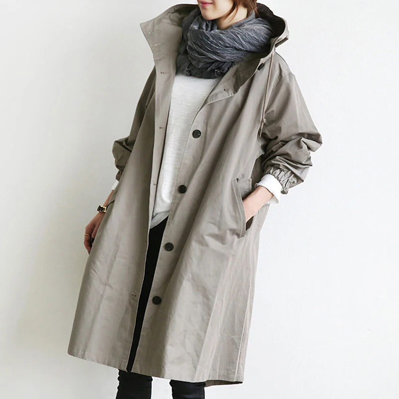 

Spring Autumn Women Jacket Coat Casual Long Sleeves Long Solid Color Hooded Jacket Plus Size Women
