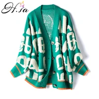 h sa 2021 women casual sweater cardigans long sleeve letters caridgan female knitted jacket appliques oversized sweater coats