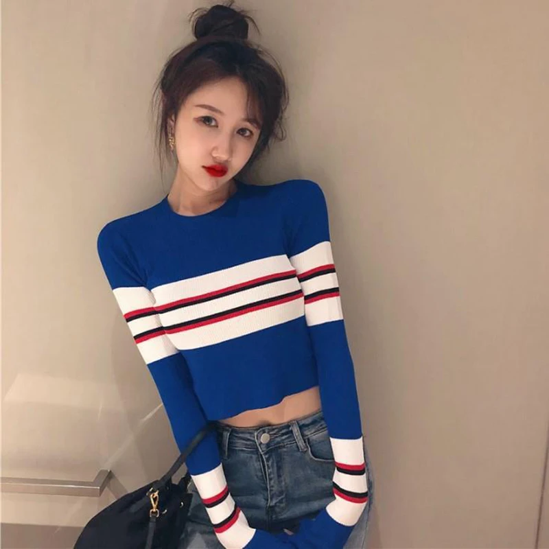 

Women Spring Autumn Style Knitted Sweater Pullovers Lady Casual Solid Color O-Neck Long Sleeve Short Pullovers Tops ZZ1014