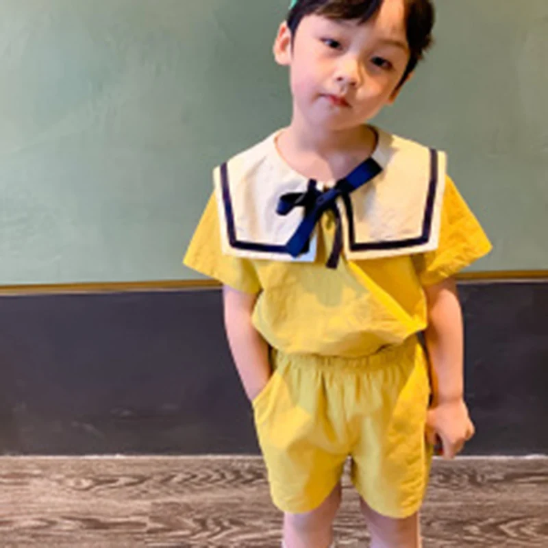 

2022 Korean Style Navy Style Summer Boys Clothing Sets Top+Short 2Pcs Kid Clothes Children Clothes Suit