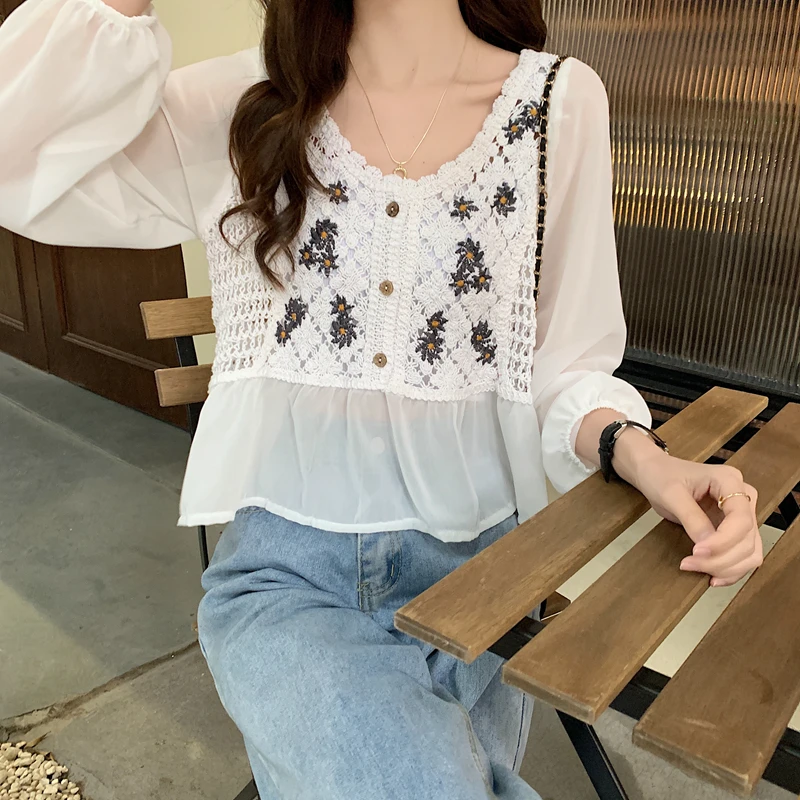 

2021 Spring New Women's Blouse Floral Knit Crochet Embroidery Chiffon Stylish Fashion Female Tops long Sleeve