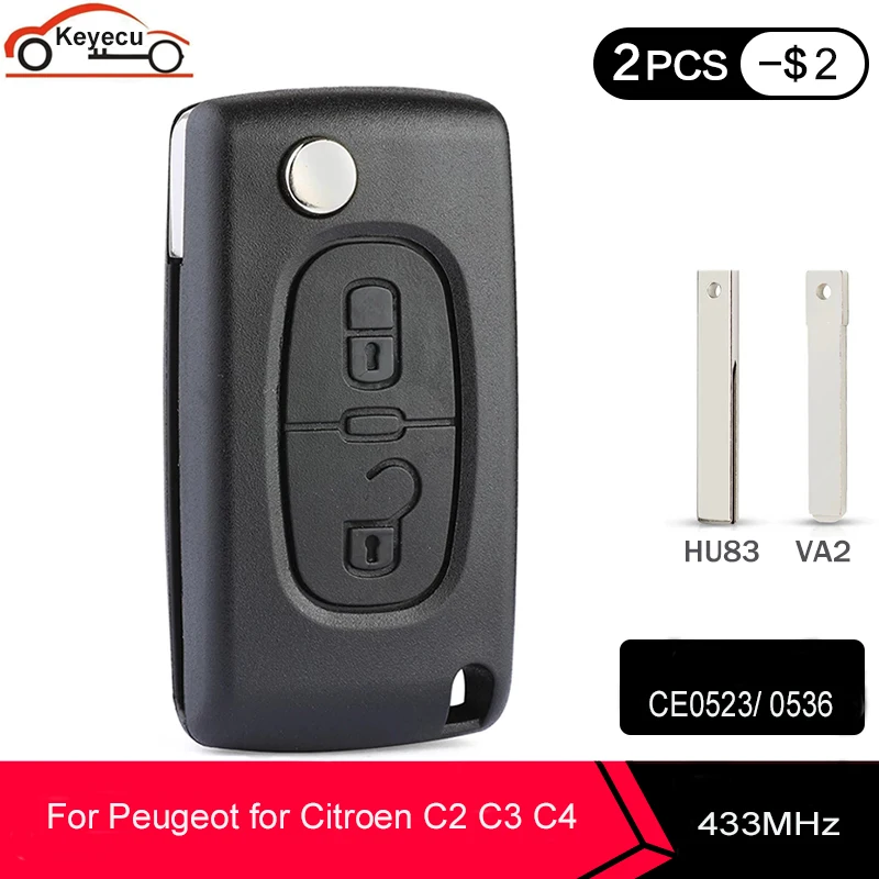 KEYECU CE0523 CE0536 модель 433 МГц ID46 чип HU83 / VA2 лезвие дистанционный ключ брелок от машины 2 кнопки для Citroen C2 C3 C4