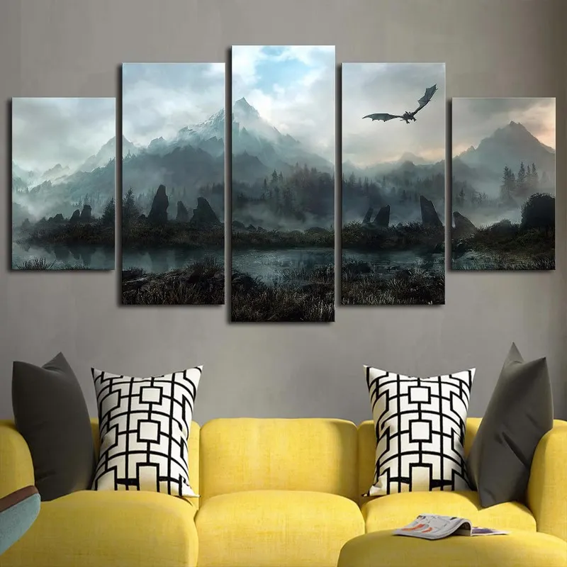 

Canvas Painting 5 Pieces Wall Art Skyrim Dragon Paintings For Living Room Modular Prints Poster Home Decoration
