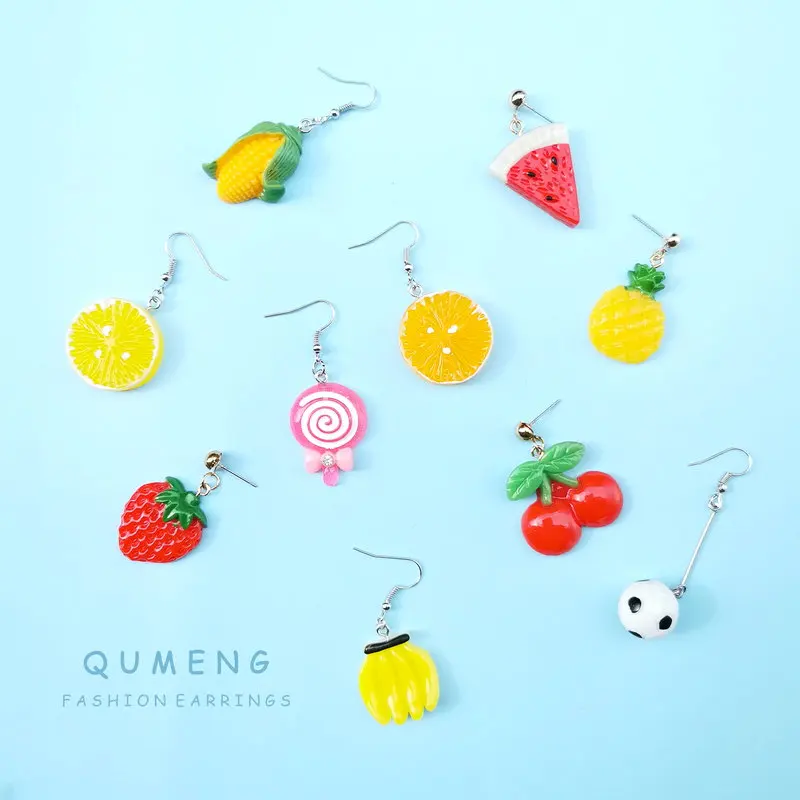

QUMENG 2020 корейские полимерные стерео серьги с лимоном и оранжевой Вишенкой Длинная подвеска модные летние фруктовые украшения для женщин и д...