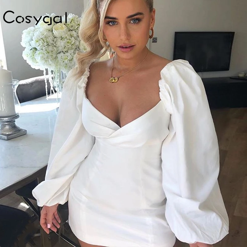 COSYGAL 2019 модное облегающее белое Клубное платье с пышными рукавами женские