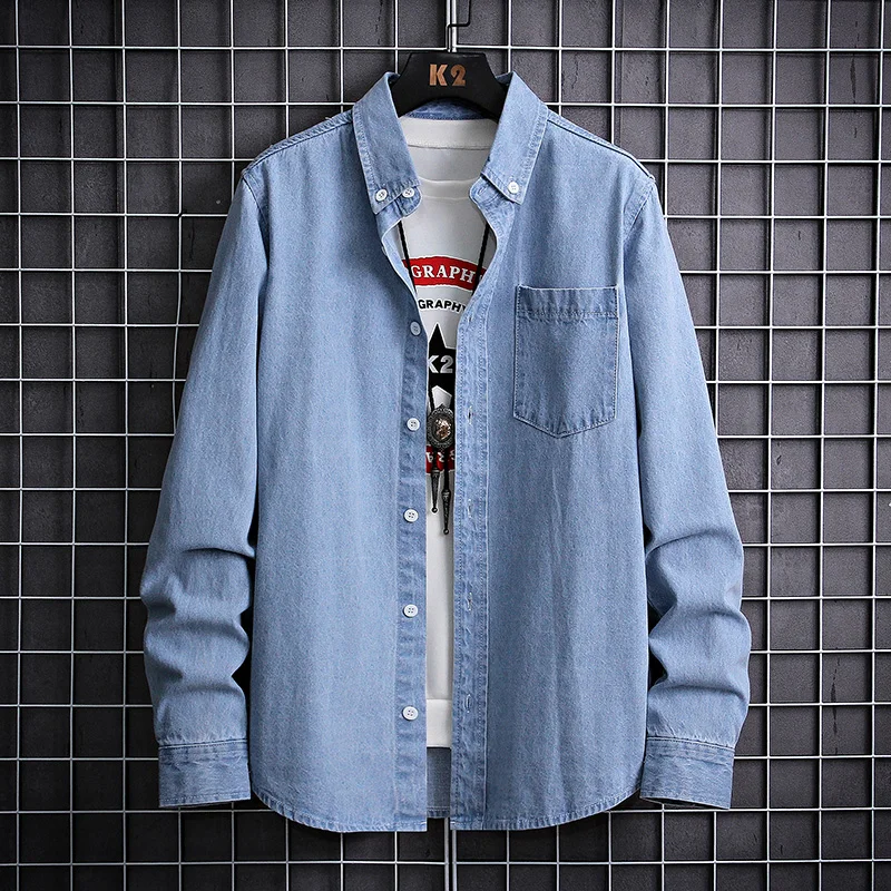 Рубашка мужская джинсовая с длинным рукавом 100% хлопок Повседневная Деловая