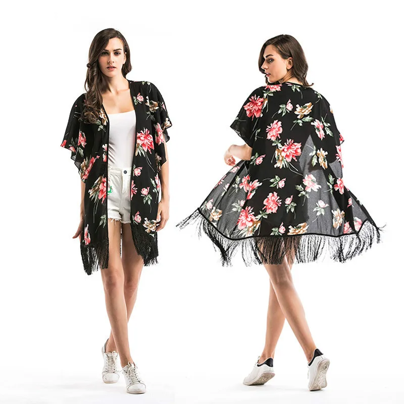 

Женский шифоновый кардиган, верхняя одежда средней длины, с бахромой, рукавами летучая мышь, тонкая, свободная, с защитой от УФ-излучения, 2021