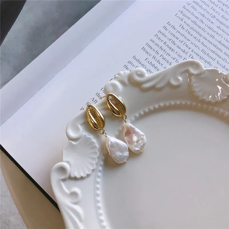 Женские серьги-гвоздики в виде ракушки POFUNUO из натурального барочного жемчуга