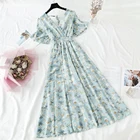 Женское шифоновое платье с оборками, Пляжное платье миди с коротким рукавом, V-образным вырезом, высокой талией, цветочным принтом и открытой спиной, лето 2021
