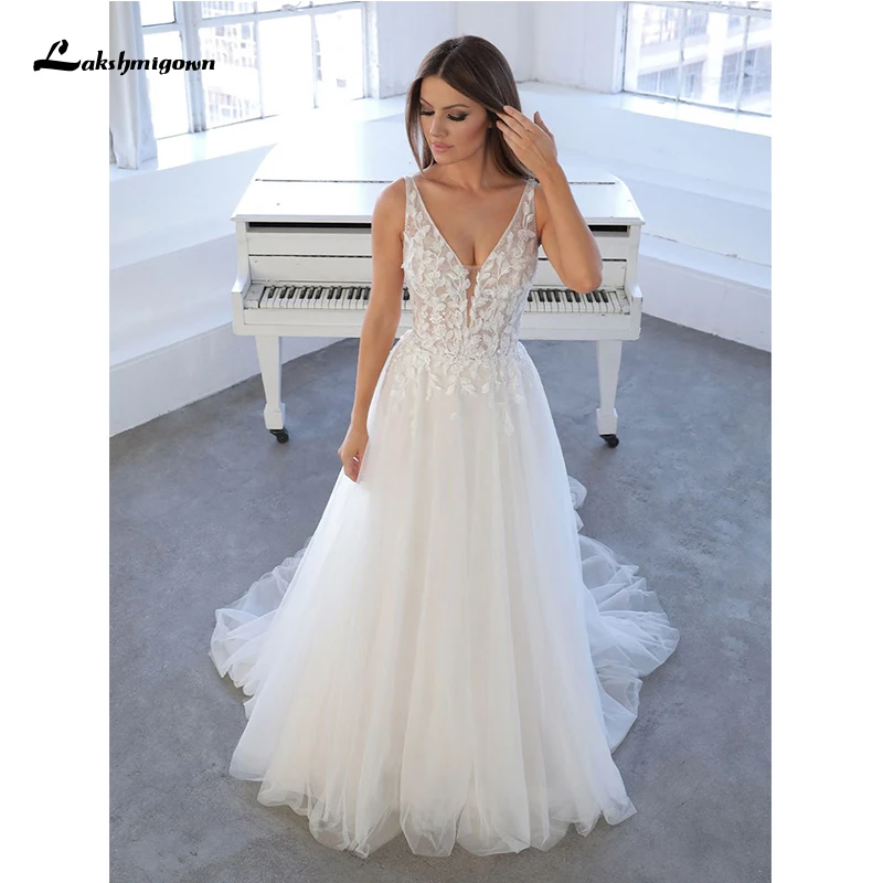 

Lakshmigown Lace Boho Wedding Dress 2020 Abito da Sposa Deep V-neck Bridal Reception Gown Sexy Tulle Beach Wedding Dress