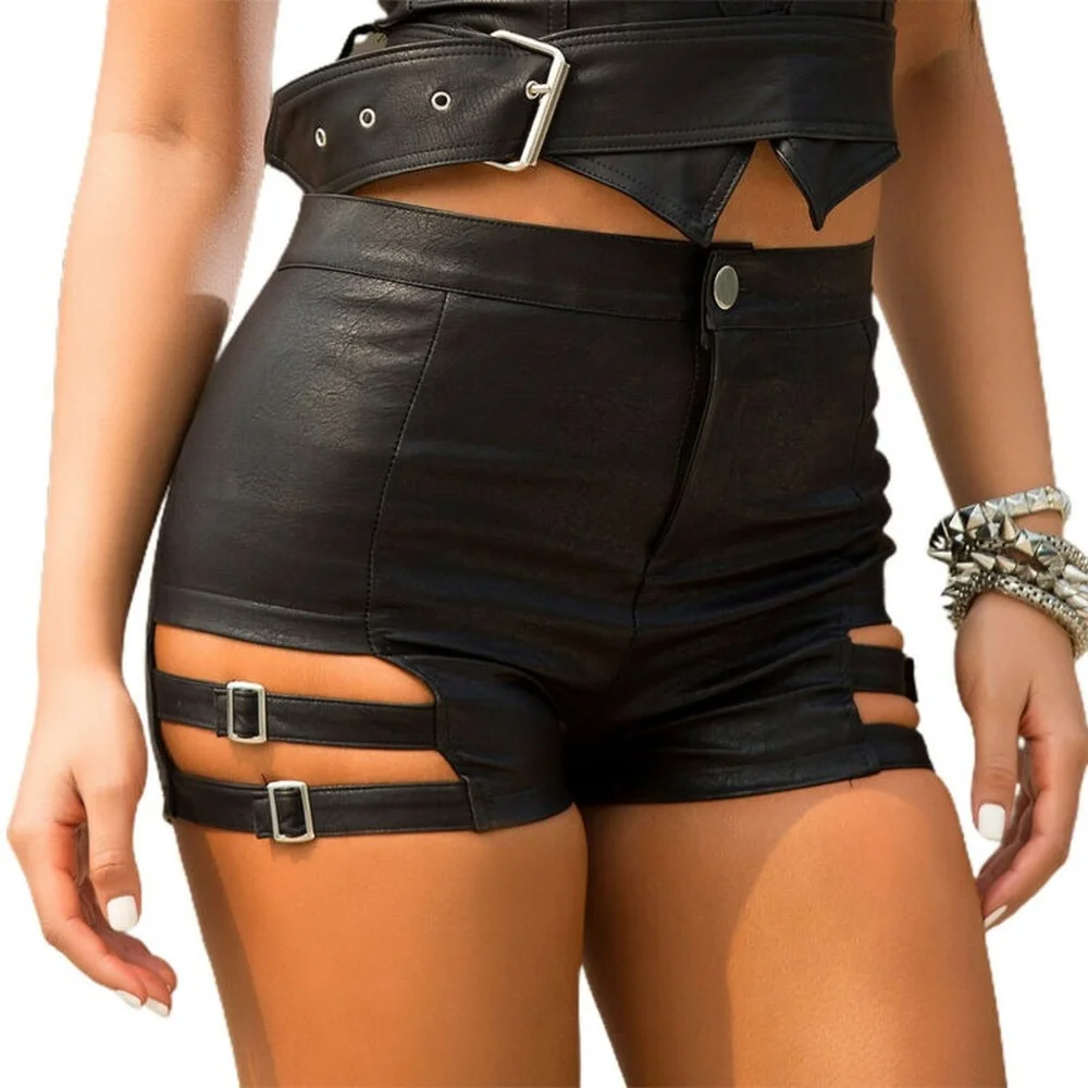 

2021 New Womens High Waisted Leather Shorts Ladies Summer Casual Biker Buckle Short Pants