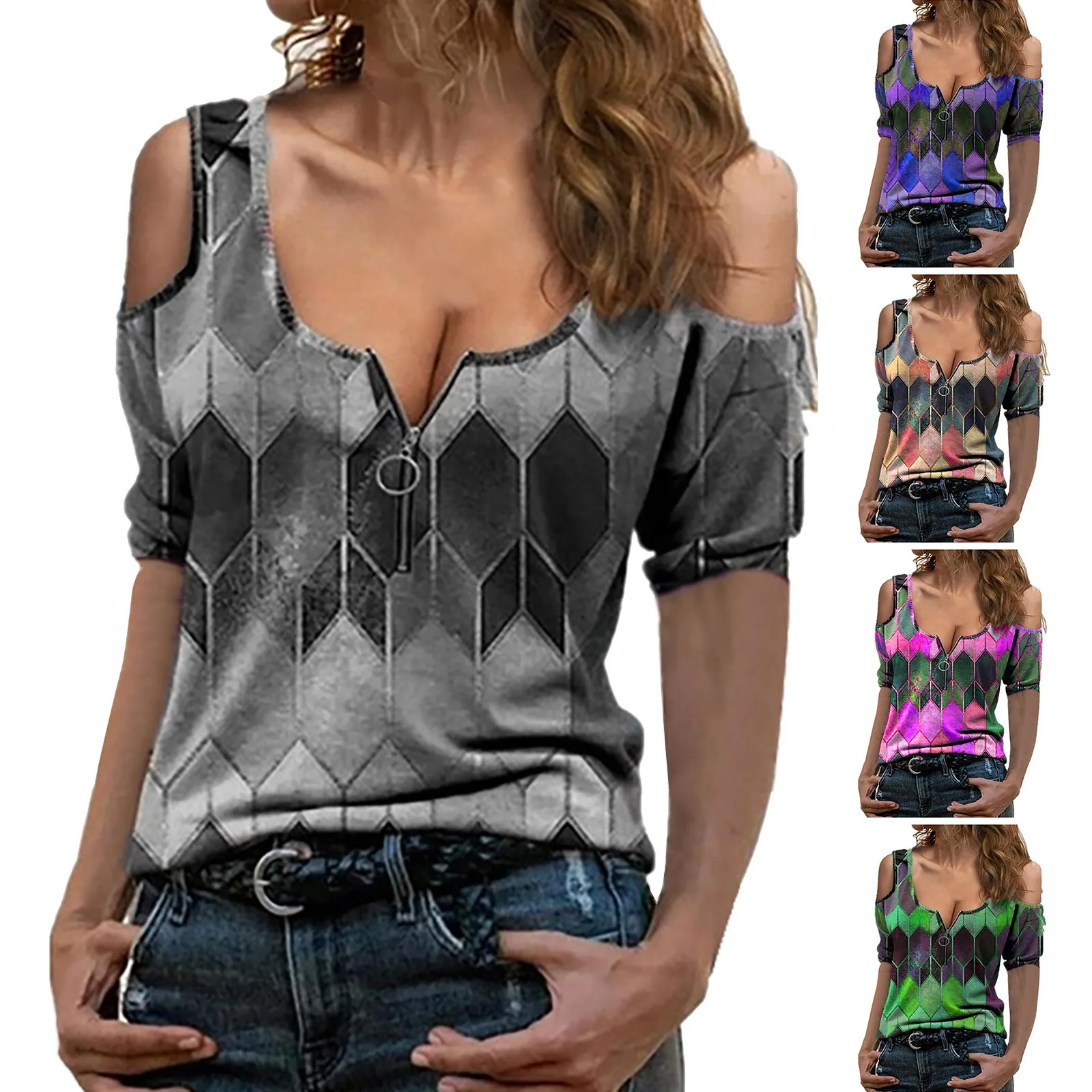 

Zipper Off Shoulder Tops Tee Women Plus Size Blouse 2021 Fashion Plaid Print Short Sleeve V-neck Shirt Femme Camisetas 3xl A20