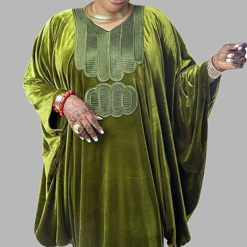 

African Loose Women's 2021 Autumn Winter New Dress Embroidery Green Simple Casual V-neck Bat Sleeve Long Dress