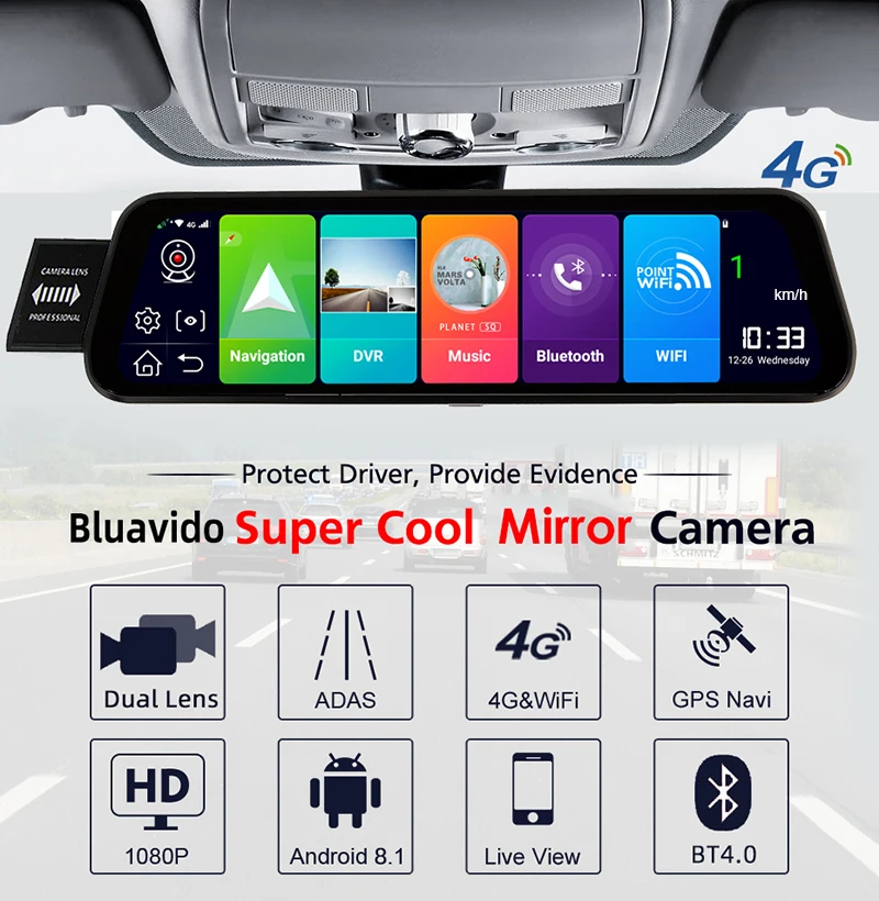 Bluavido 10 дюймов 4G Android зеркало заднего вида DVR 1080P видеорегистратор GPS навигация ADAS