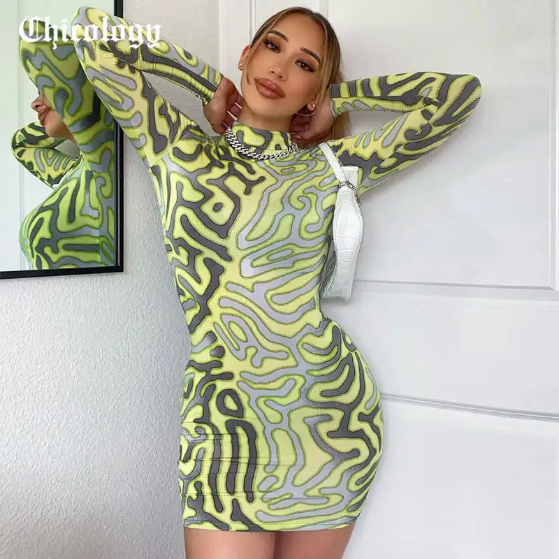 

Chicology 2021, женское осенне-летнее платье с принтом зебры и галстука-красителя, женское облегающее мини-платье с длинным рукавом и высокой горл...
