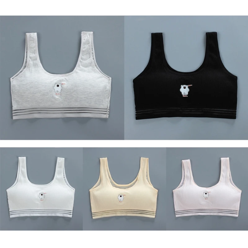 

Puberty Young Girls Cotton Sports Training Bra Cartoon Bear Print Ribbed Bralette Breathable Mesh Padded Underwear Vest H9EF