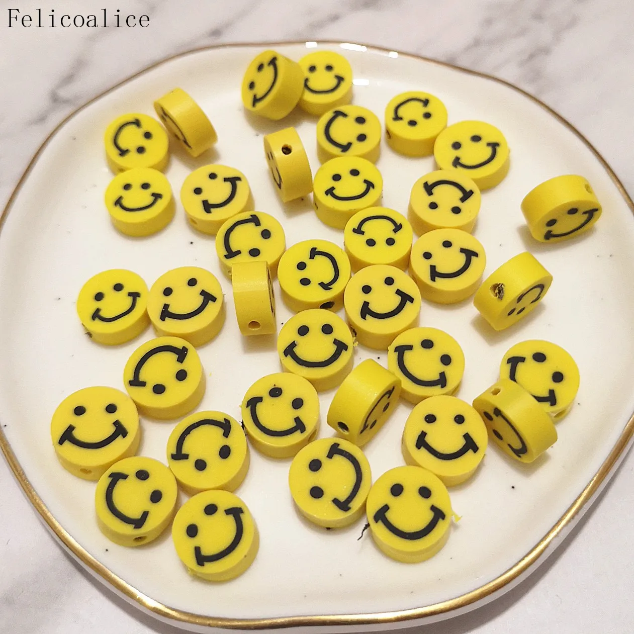 

100pcs 10mm Yellow Smiley Face Flat Back Polymer Clay Shape Spacer Beads For DIY Handmade Jewelry Craft Accessories