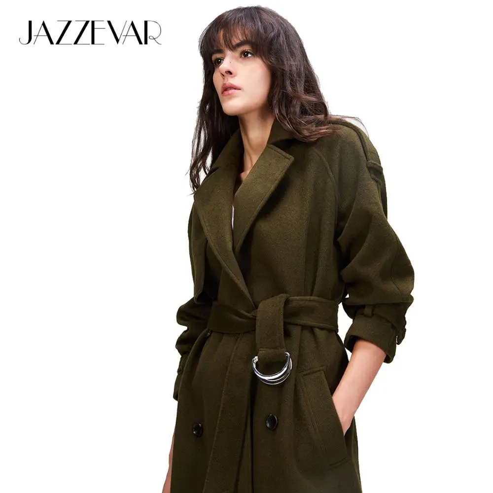 JAZZEVAR Autumn Winter New Women's Casual Wool Blend Trench Coat Oversize Double Breasted X-Long Coat With Belt