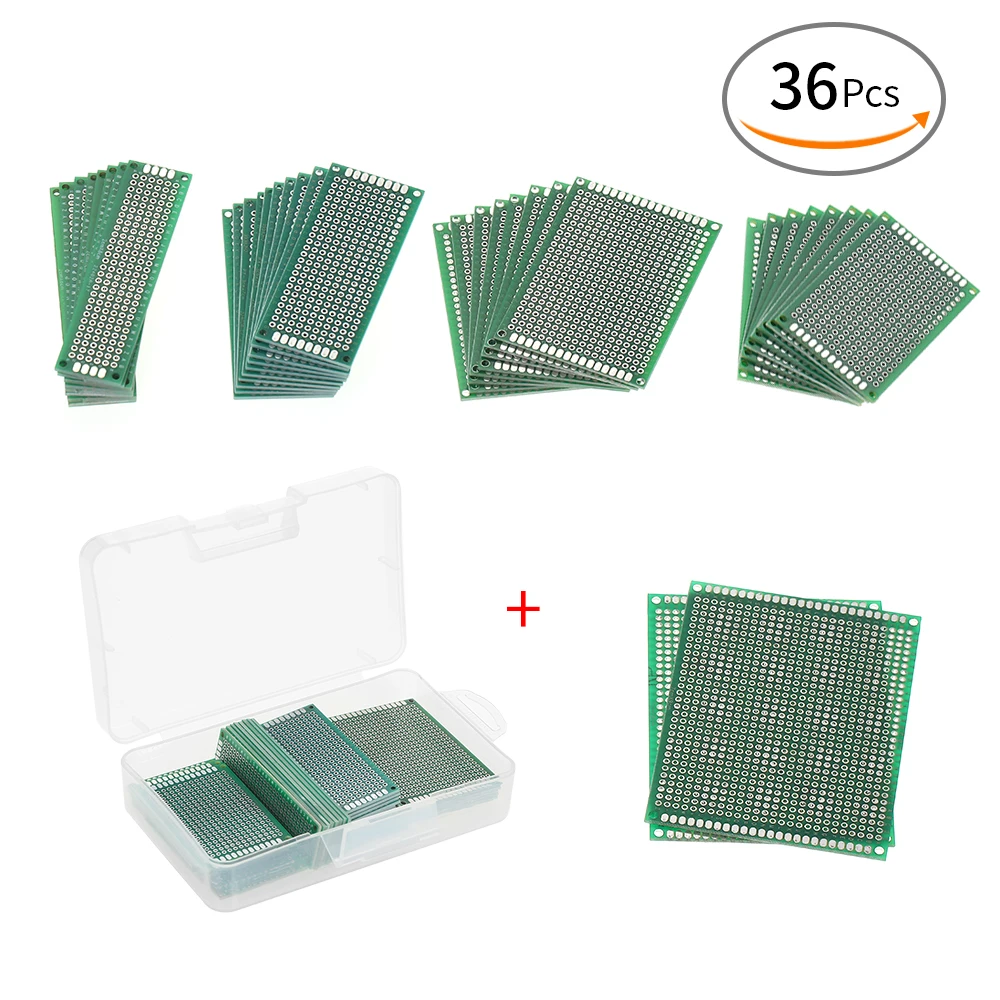 36pcs Double Sided PCB Board Kit Universal Printed Circuit Protoboard +Transparent Case for DIY Soldering Electronic Projects |