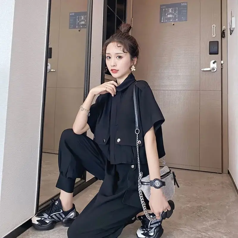 

Женские летние комплекты 2021, женская модная Повседневная рубашка с коротким рукавом и брюки-карго с высокой талией, костюм, универсальные ш...