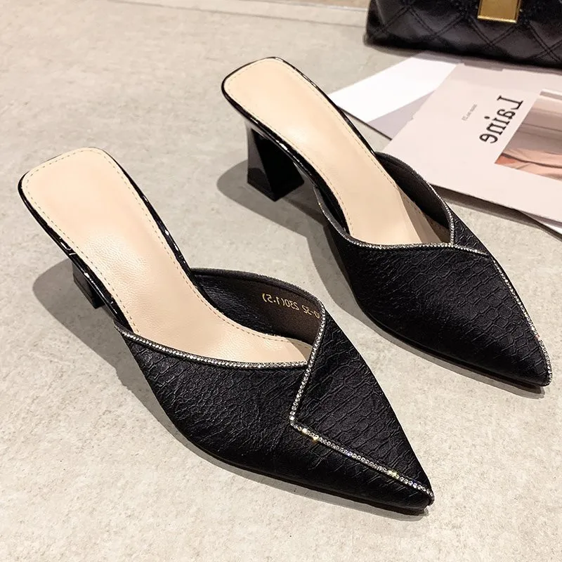 

Shoes Cover Toe Slippers Soft Glitter Slides Fashion Square heel Women Heels Med Pantofle Comfort Jelly Pointed Luxury Block Hig