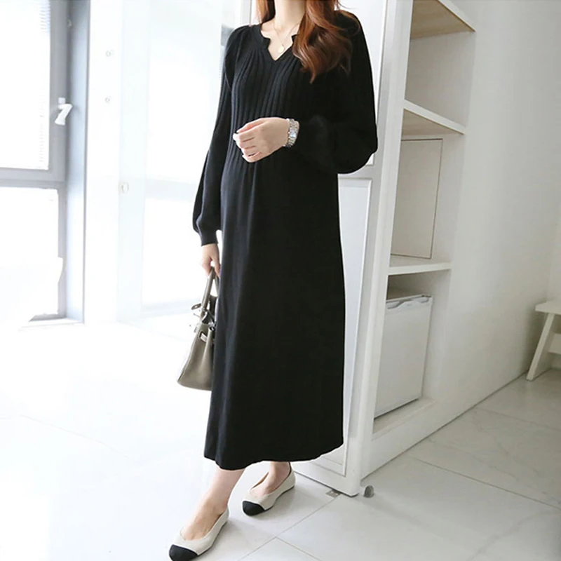 

BGTEEVER Elegant Loose V-neck Sweater Dress Women 2020 Spring Lantern Sleeve Striped Patchwork Female Knit Long Dress Vestidos