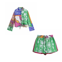 women 2021 za summer printed shorts beach wind stretch waist tie shorts set female shorts