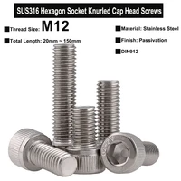 1pc m12 sus304 stainless steel hexagon socket knurled cap head screws din912 thread length 20mm 150mm