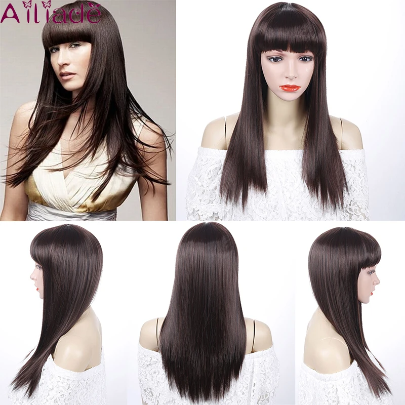 AILIADE длинный синтетический парик с челкой Темно коричневый корень Омбре цвет