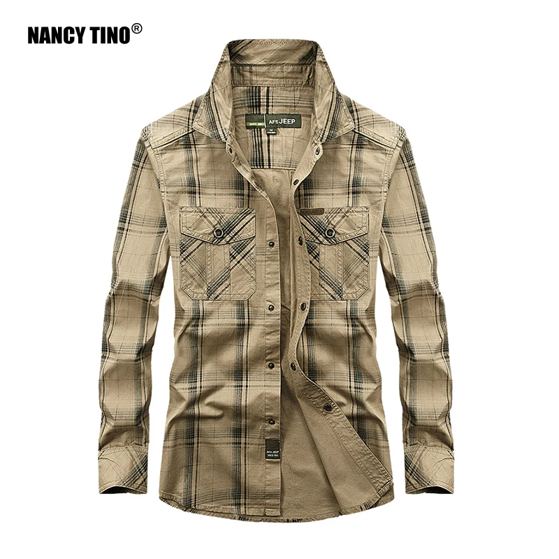 

NANCY TINO Men's Full-Sleeved Shirt Cotton Casual Large Size Loose Plaid Shirt Young and Middle-aged Tops Army Spring Autumn