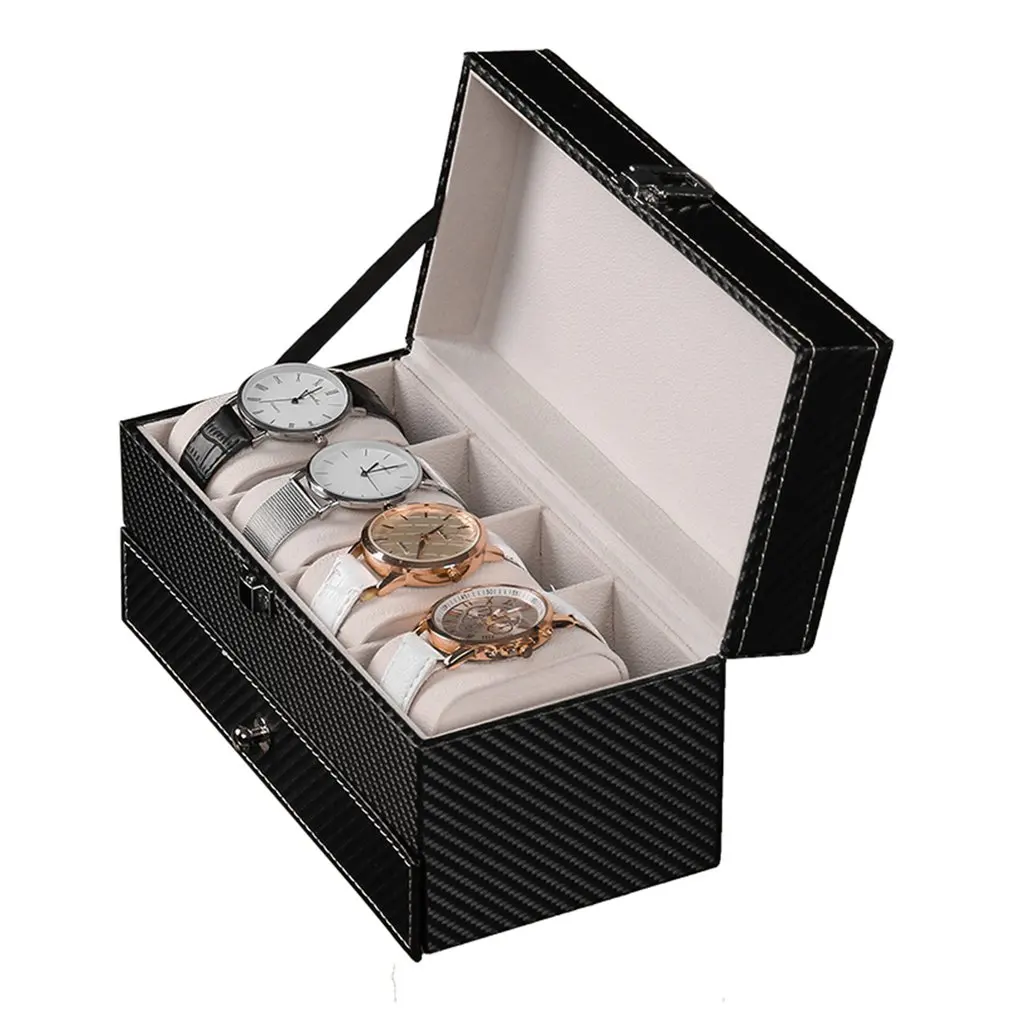

4 Grids Double Layers Watch Box Case Carbon Fiber PU Watch Jewelry Rings Earrings Display Storage Holder Organizer Luxury Gift
