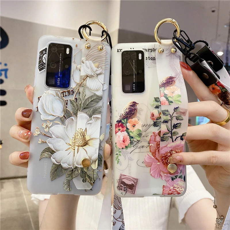 Рельефный 3D чехол P20 P30 P40 Pro Lite с цветочным рисунком ремешок на шею запястье для