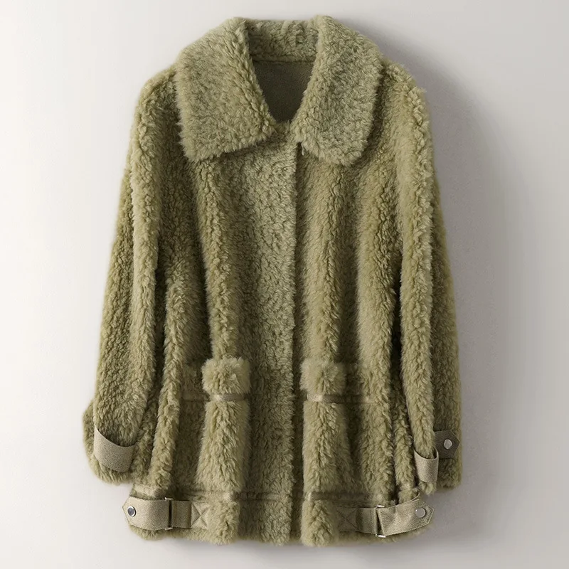 Women Warm Wool Coat Autumn Winter Fashion New Fur Jacket  Medium Length Leisure Trend Long Sleeves Pocket Casual Loose Outwear