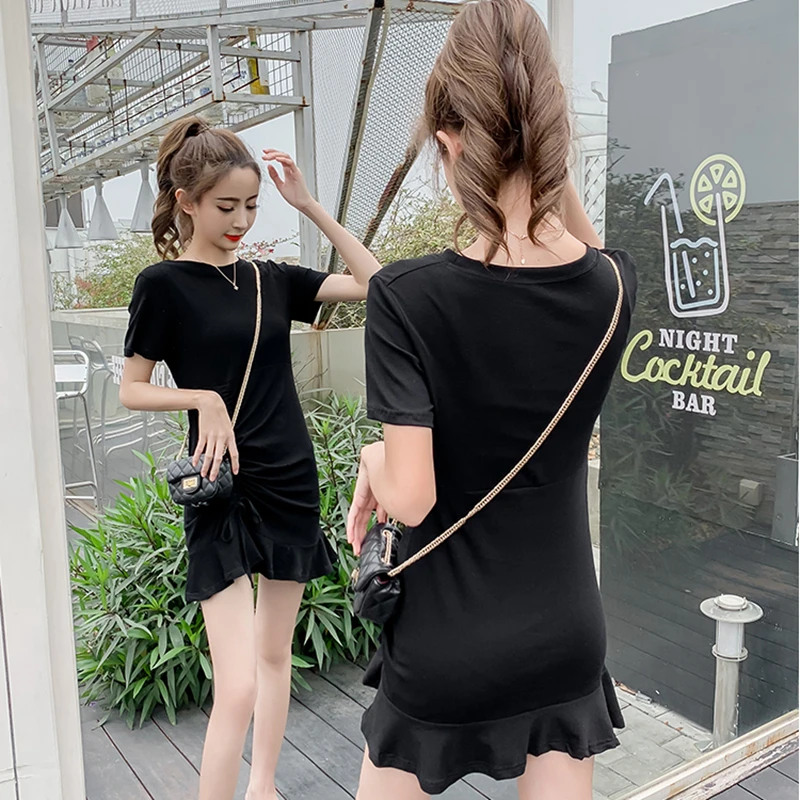 

New T-Shirt Dress for Women Casual Short Sleeve Slim Drawstring Bodycon Fishtail Mini Dress Ruffles Ladies Solid Color Vestidos